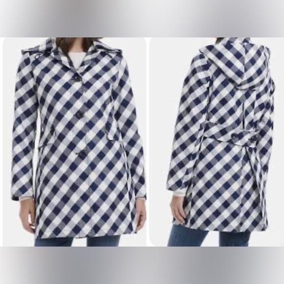 Kate Spade water resistant gingham print hooded rain coatSz Large